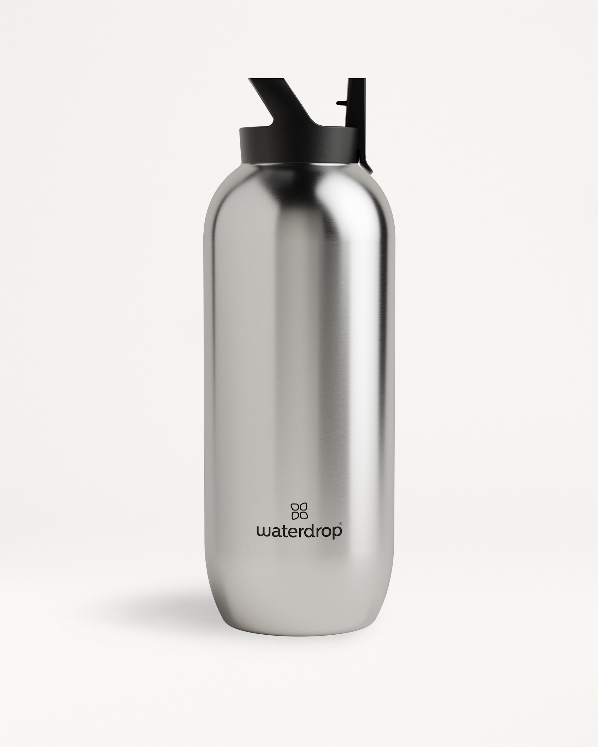 All-Purpose Thermo ? Straw Lid: A silver, double-walled stainless steel water bottle with a black straw lid, designed to keep drinks cold for up to 24 hours.